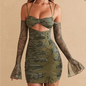 OhPolly - Asli - Long Sleeve Paneled Mini Dress in Olive Print. Size US2/UK6.